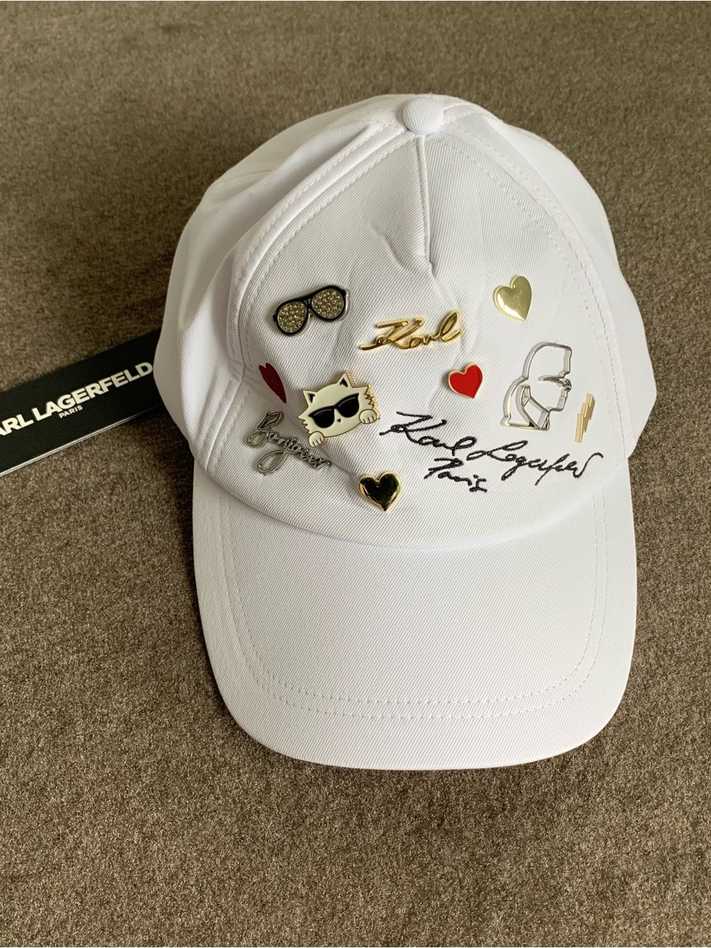 Karl Lagerfeld Women’s White Baseball Hat Cap with Gold and Red Charms